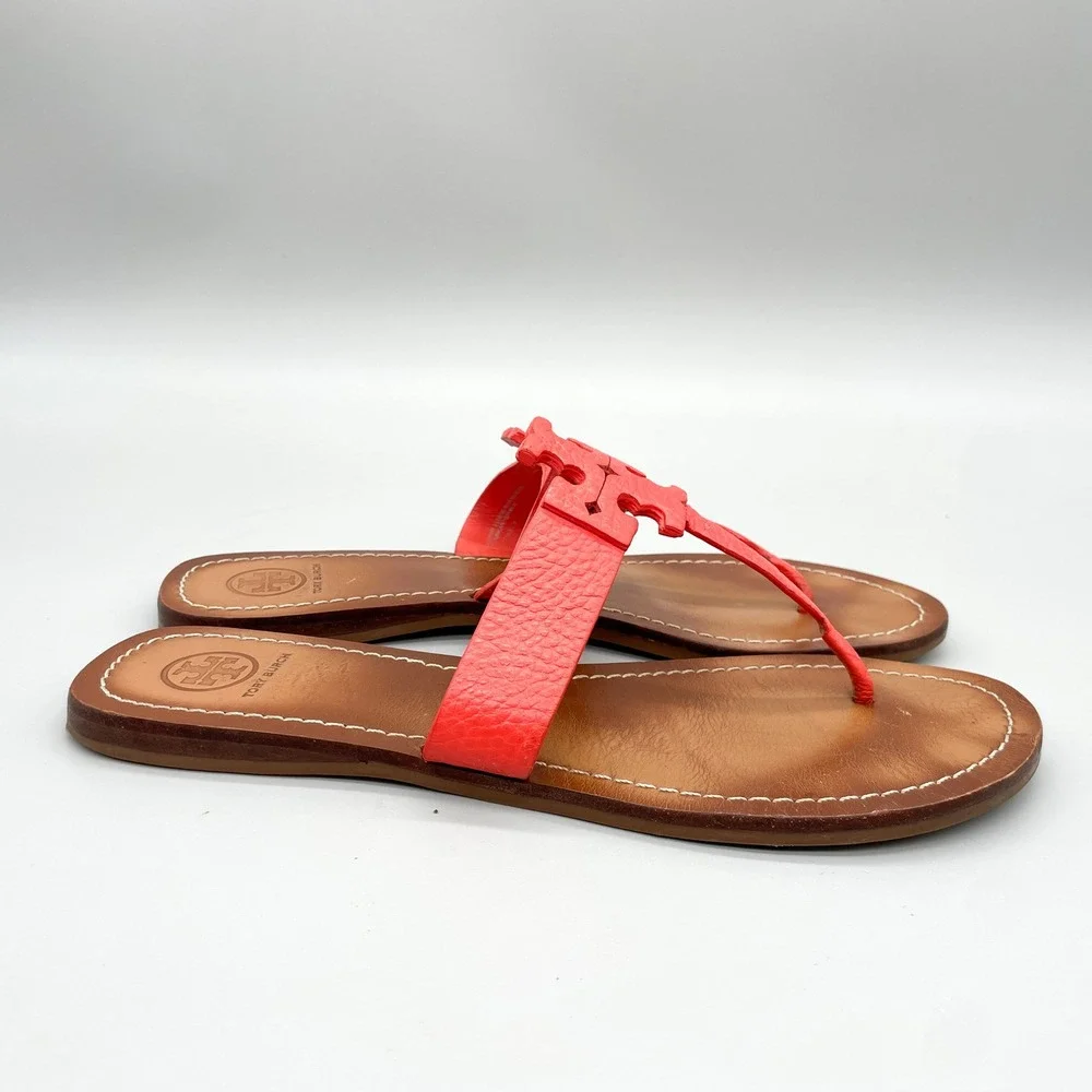 Tory Burch Moore Sandals Womens 10M Poppy Red Leather Logo Thong Flats Preppy